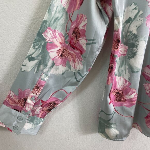 Express Portofino Shirt Womens Large Satin Floral Button Up Blouse Long Sleeve - Picture 8 of 8